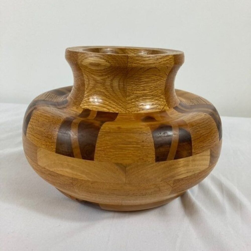 Vintage Mid Century Handcrafted Segmented Turned Wood Vase 6 x 9"